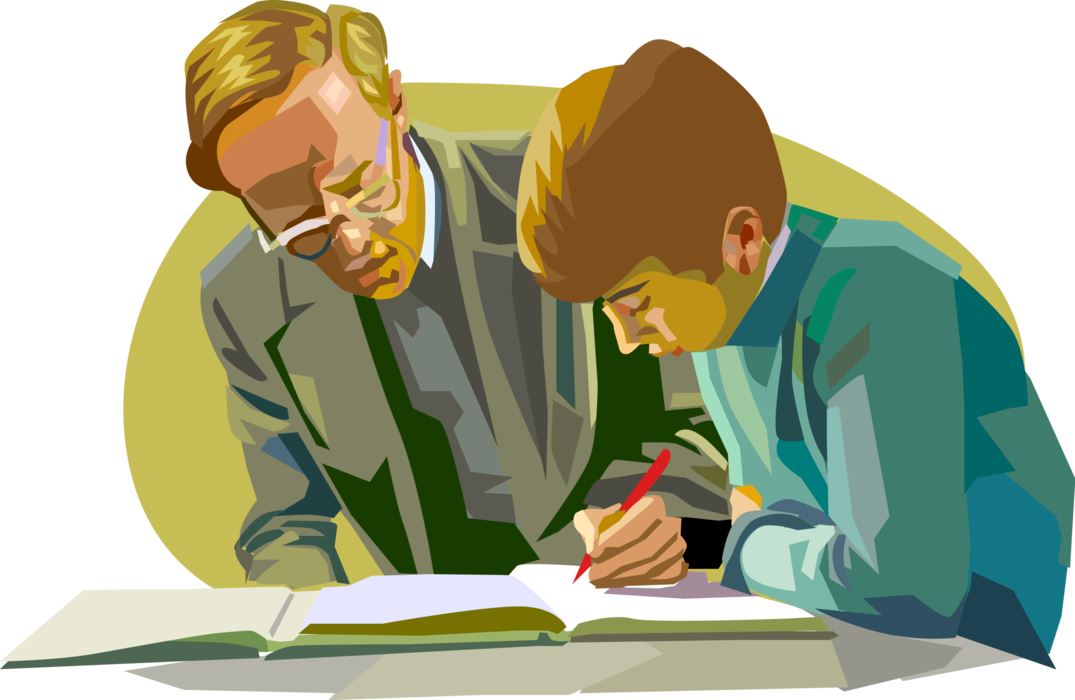 Vector Illustration of Teacher Helps Student in School Classroom with Problem