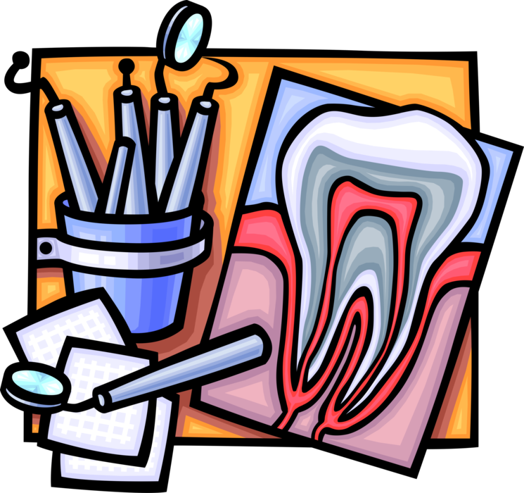 Vector Illustration of Dentist's Office Cross Section of Tooth with Dentistry Tools