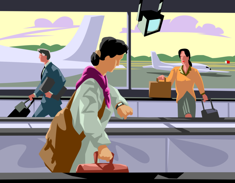 Vector Illustration of Business Traveler Walks Through Airport Running Late for Flight Checks Wristwatch