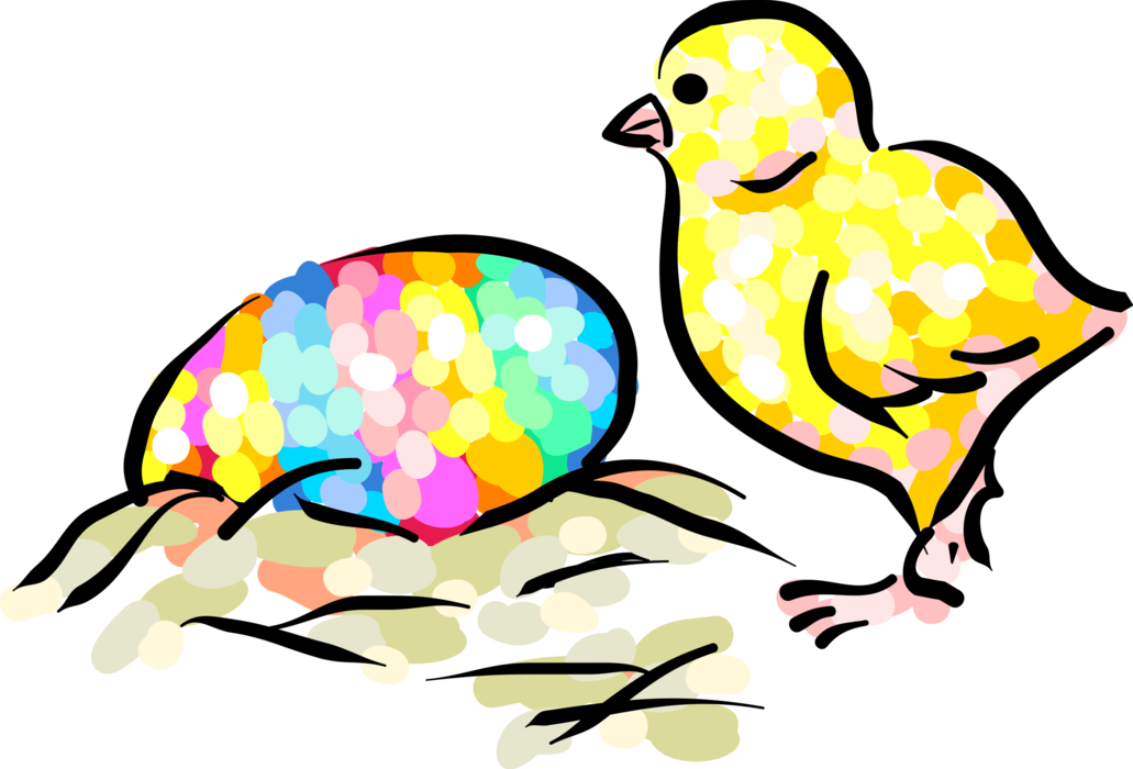 Vector Illustration of Chick with Colored Easter Egg
