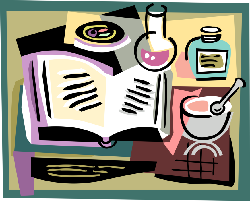 Vector Illustration of Chemistry Laboratory with Notebook, Mortar and Pestle, Book, and Beakers