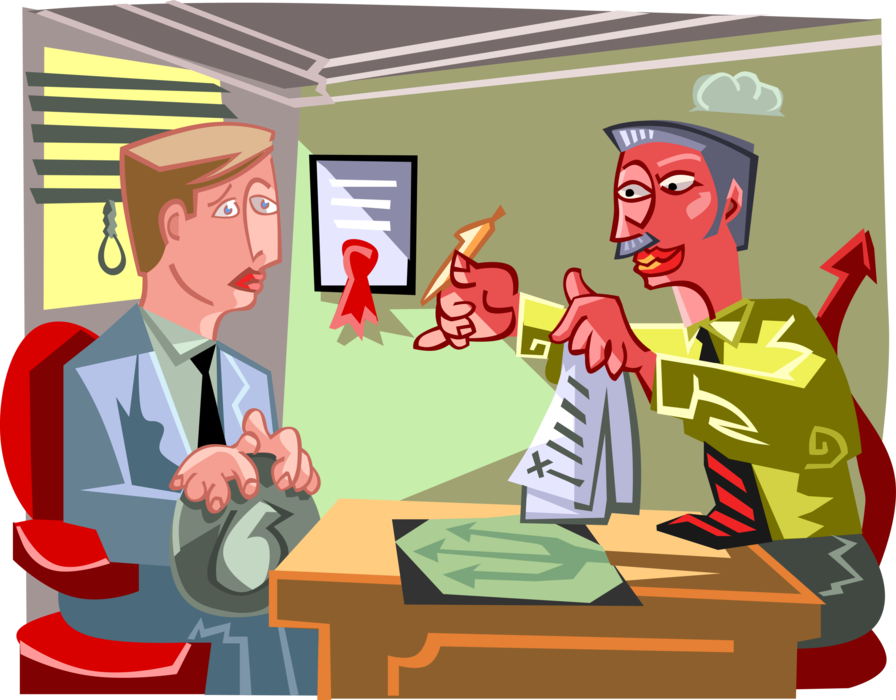 Vector Illustration of Shady Businessman Forces Client to Sign Contract Making Deal with the Devil