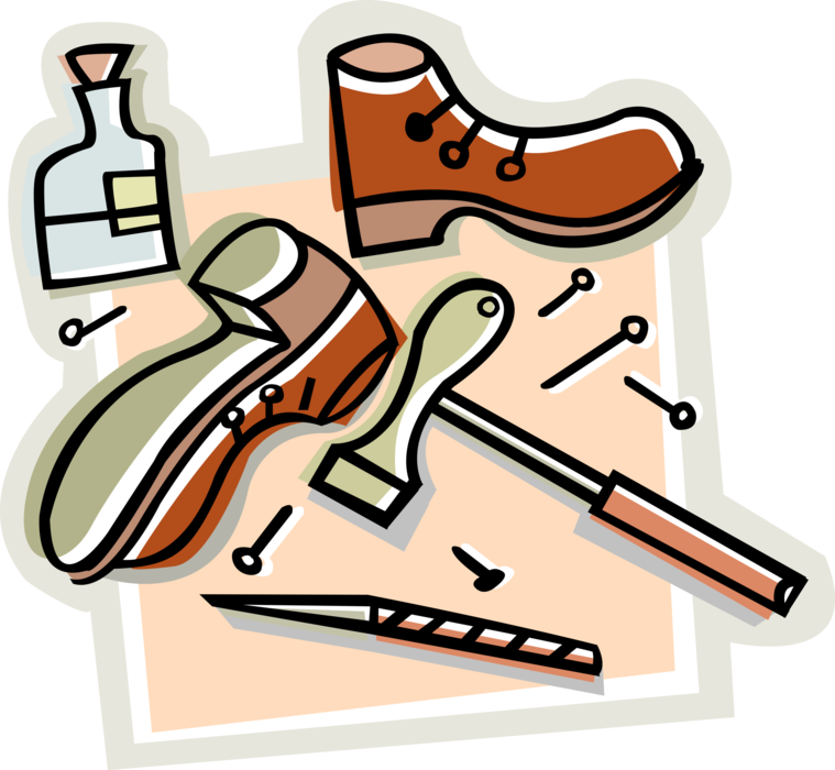 Vector Illustration of Cobbler Shoe and Footwear Repair Shoemaker with Shoes, Hammer, and Nails