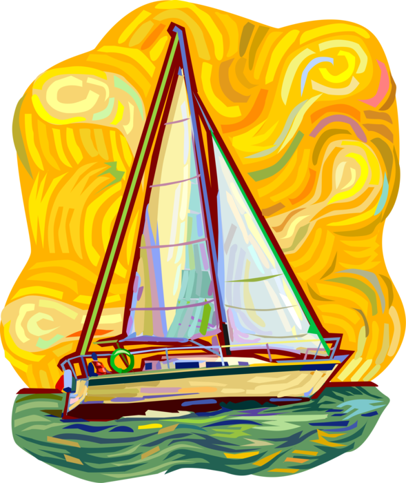 Vector Illustration of Sailboat Sailing on Ocean with Sails
