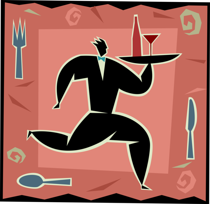 Vector Illustration of Restaurant Maître d'hôtel Waiter Runs with Food Tray and Alcohol Beverage