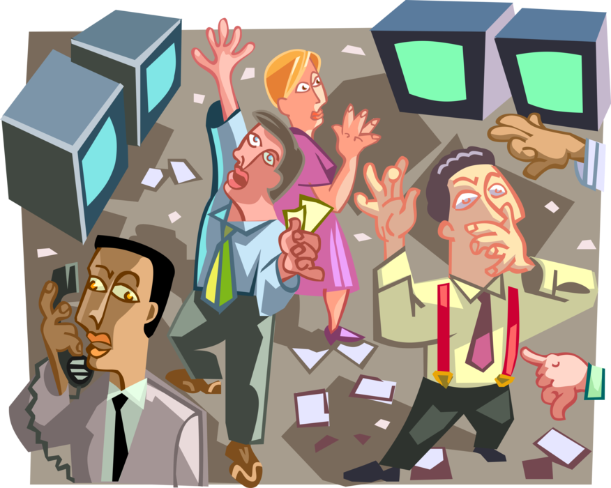 Vector Illustration of Wall Street Brokers and Traders on Stock Market Floor During Frantic Sell-Off