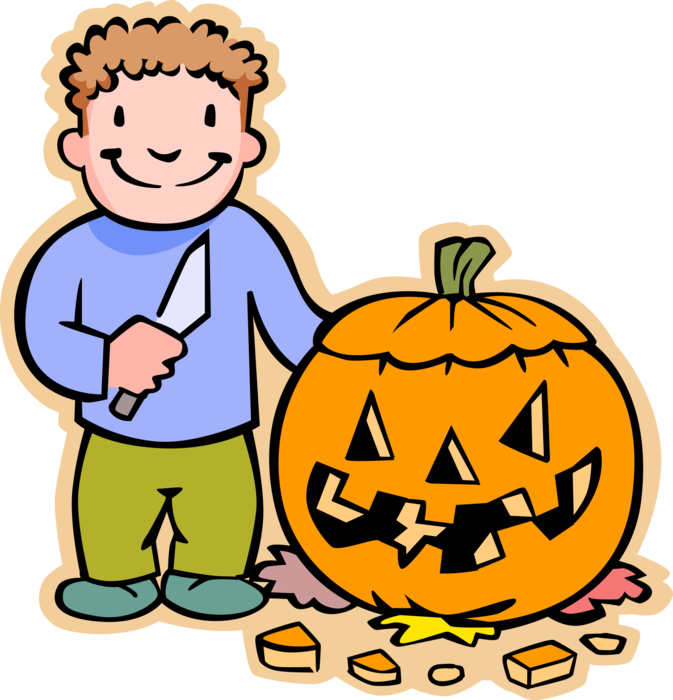Vector Illustration of Primary or Elementary School Student Boy Carves Halloween Pumpkin