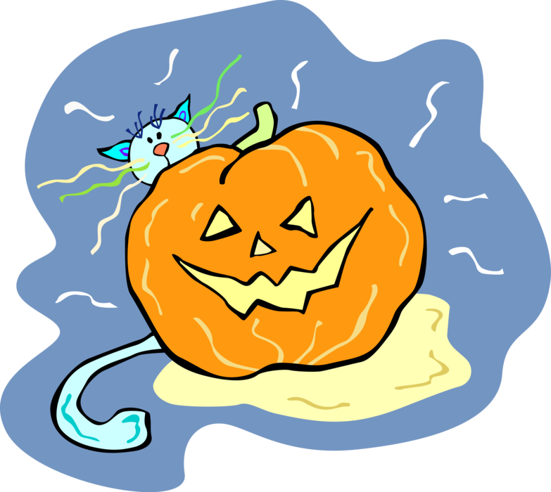 Vector Illustration of Cat with Halloween Jack-o'-lantern Carved Pumpkin