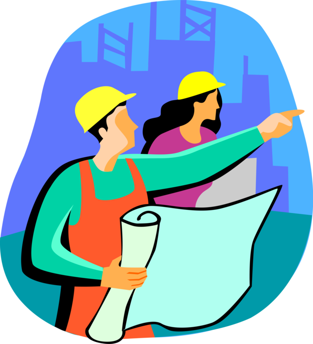 Vector Illustration of Building Construction Site Manager and Foreman with Blueprint Plans