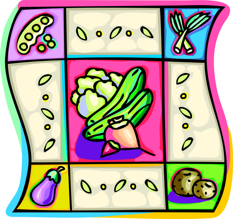 Vector Illustration of Garden Vegetables Cabbage, Cucumbers, Onions, Radishes, Eggplant, Scallions