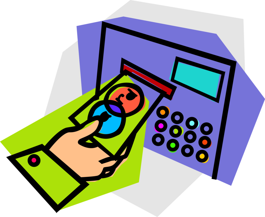 Vector Illustration of Hand Inserts Bank Card in Bank Automated Teller Machine ATM
