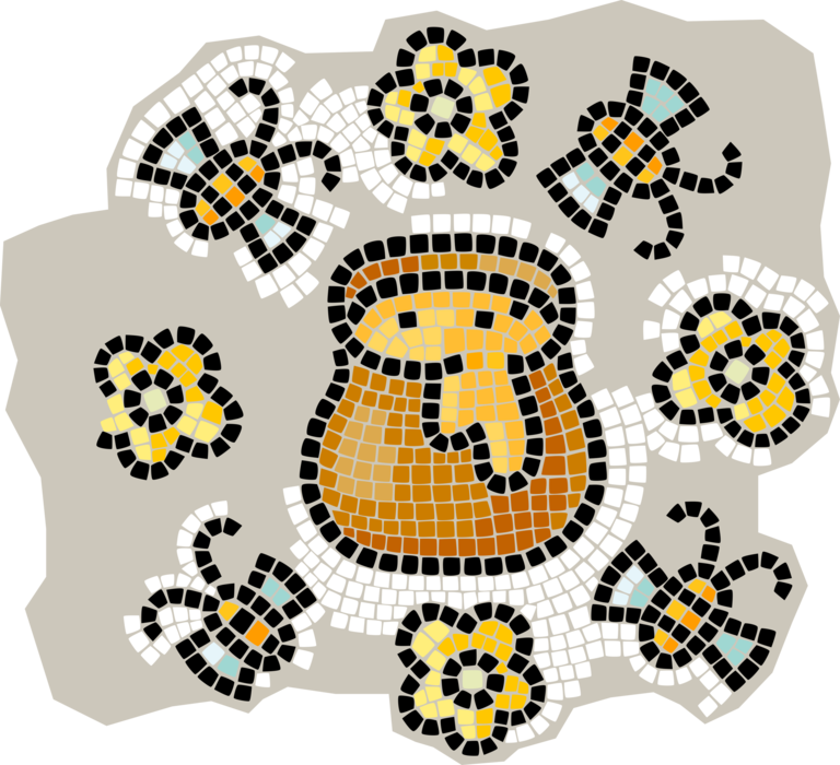 Vector Illustration of Decorative Mosaic Apiary Honey Pot with Honeybee Honey Bees and Flowers