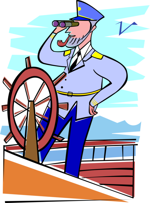 Vector Illustration of Mariner Sea Captain Sailor at Ship's Helm Wheel or Boat's Wheel Steers Ship and Changes Vessel's Course
