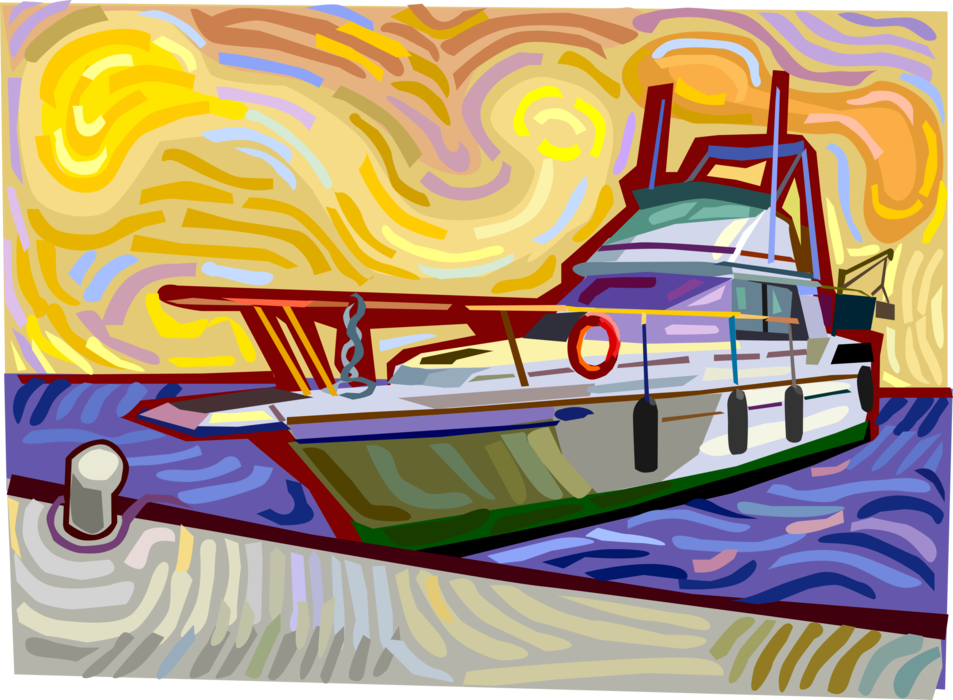Vector Illustration of Luxury Motor Yacht Watercraft Vessel Docked at Marina