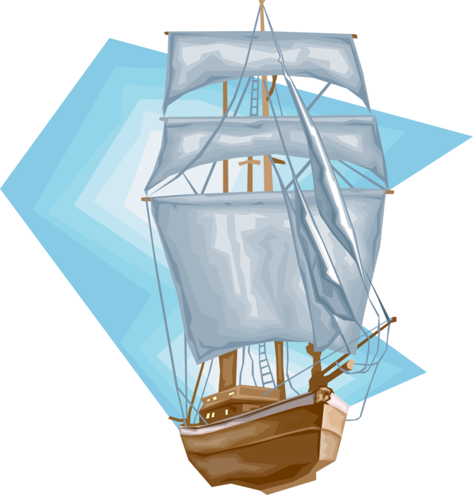 Vector Illustration of Tall Ship Traditionally-Rigged Sailing Vessel Ship on Ocean