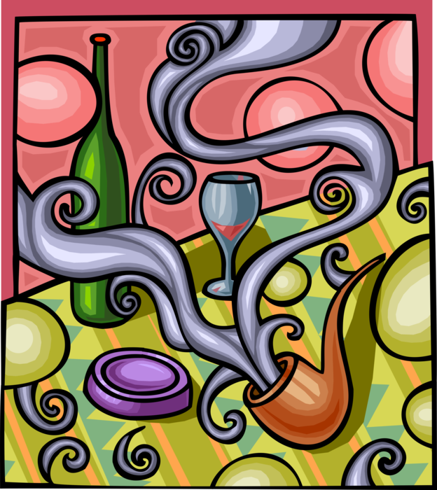 Vector Illustration of Smoker's Pipe with Bottle of Wine and Glass