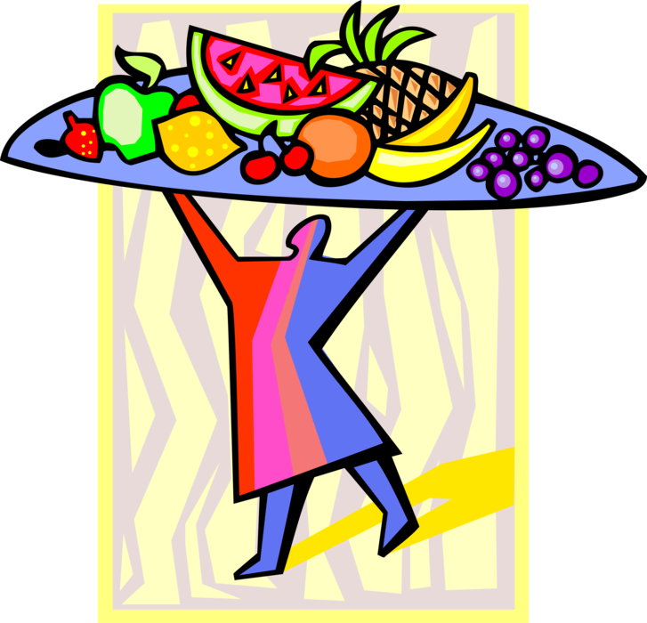 Vector Illustration of Culinary Cuisine Restaurant Chef with Fresh Fruit Platter Watermelon, Pineapple, Banana, Grapes and Citrus