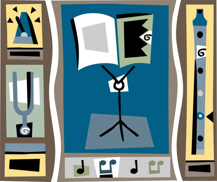 Vector Illustration of Musician's Music Stand with Flute, and Tuning Fork and Metronome