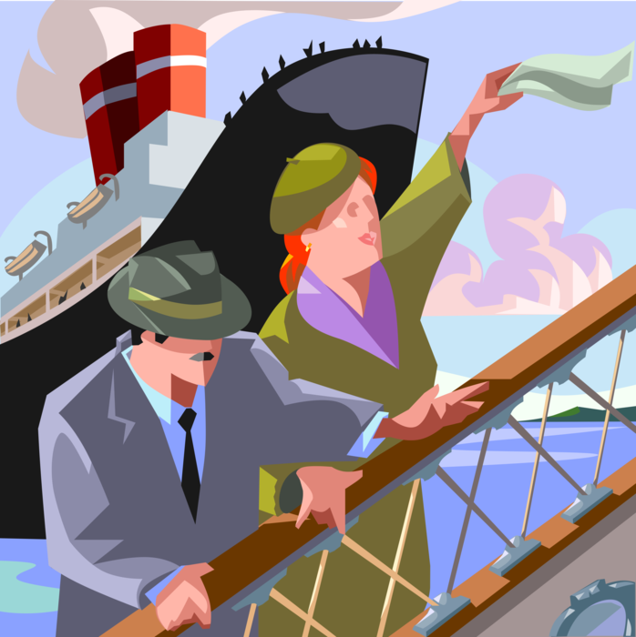 Vector Illustration of Ocean Voyage Couple Boarding Cruise Ship or Cruise Liner Passenger Ship