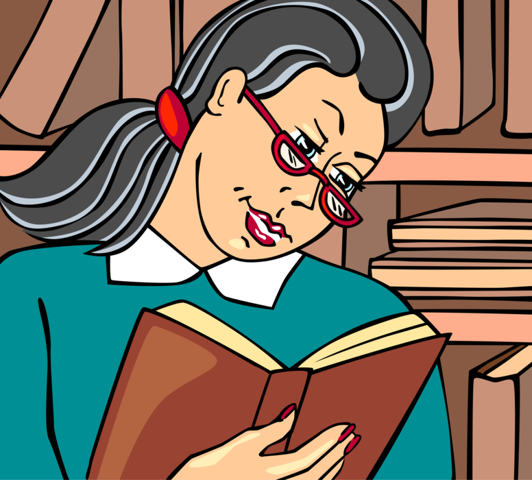 Vector Illustration of Librarian Reads Book in Library
