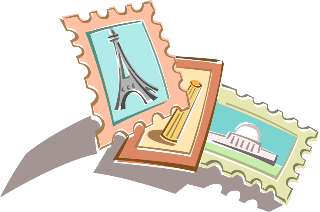 Vector Illustration of Postage Stamp Displayed on Mail with Famous Landmarks