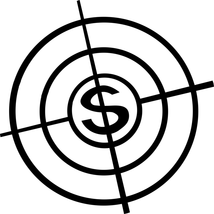 Vector Illustration of Financial Concept Bullseye or Bull's-Eye Target with Cash Money Dollar Sign