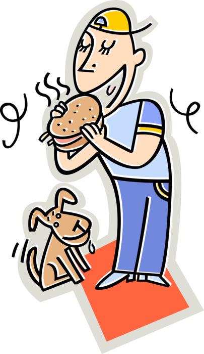 Vector Illustration of Boy Eats Fast Food Hamburger with Family Pet Dog