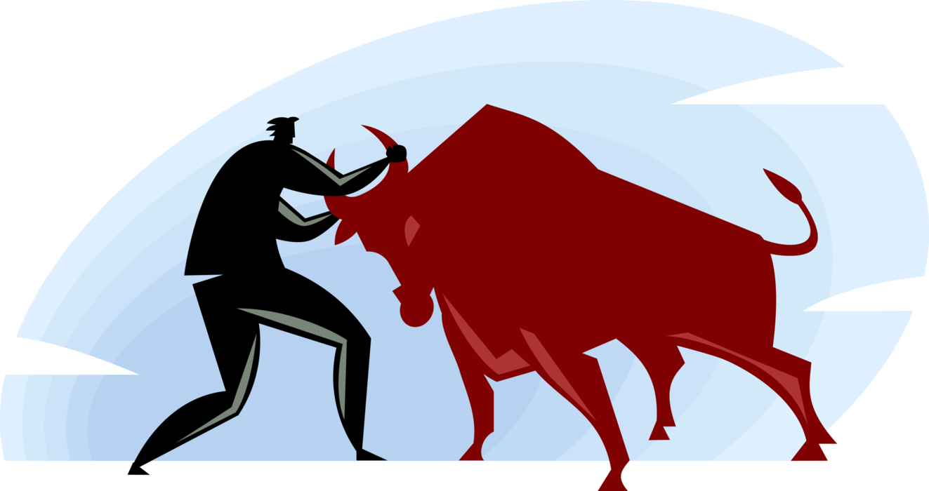 Vector Illustration of Businessman Wrestles Rodeo Bull with Horns