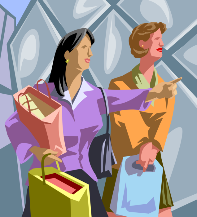 Vector Illustration of Retail Shopping Mall Center with Shoppers Engaged in Retail Therapy