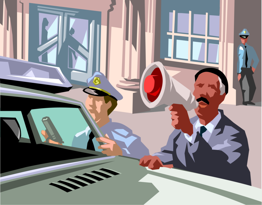 Vector Illustration of Law Enforcement Police Detective with Megaphone Bullhorn in Standoff Negotiations
