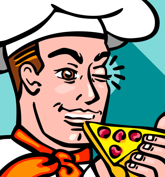 Vector Illustration of Restaurant Chef With Pizza Winks and Says Bon Appétit