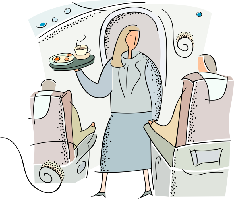 Vector Illustration of Airline Flight Cabin Crew Attendant Stewardess Serving Food to Aircraft Passengers