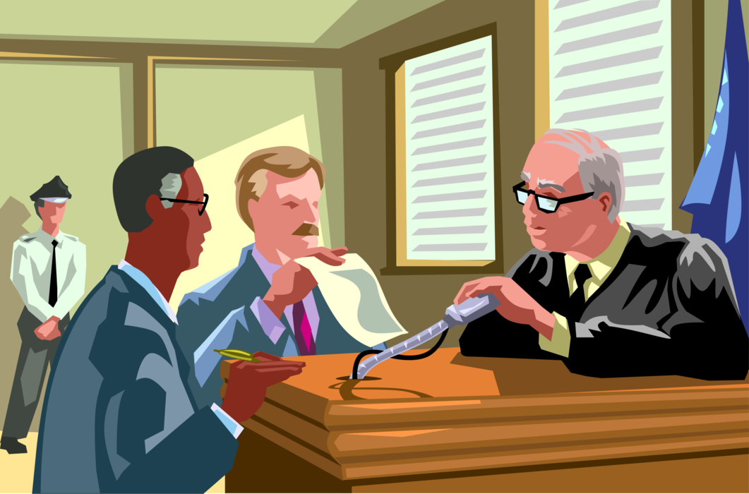 Vector Illustration of Lawyers and Judge in Sidebar Conversation in Law Courtroom During Legal Trial