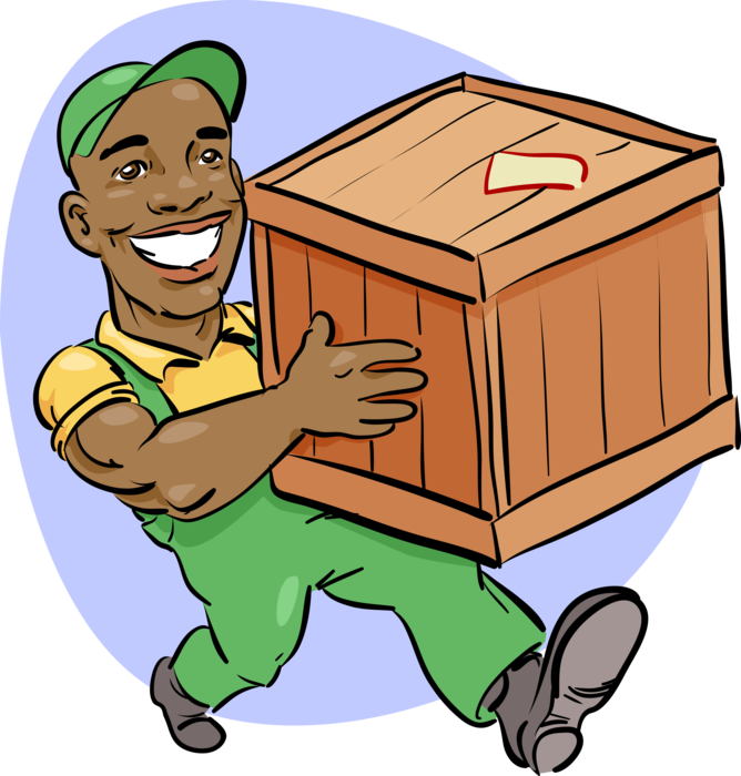 Vector Illustration of Warehouse Worker Carries Wooden Shipping Crate