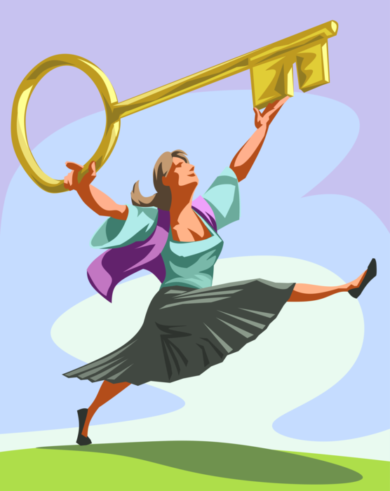 Vector Illustration of Woman Holds Large Key Symbol of Achievement