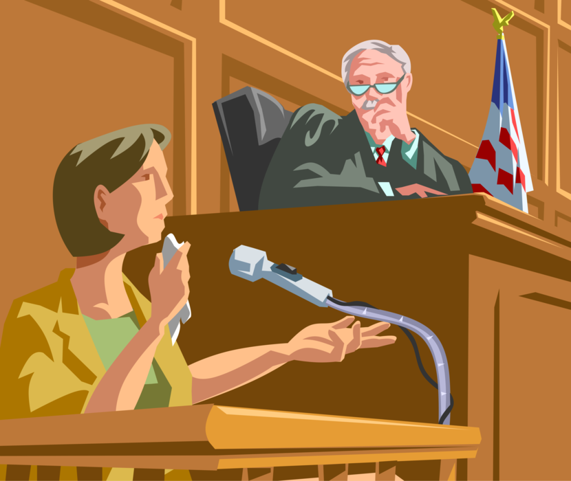 Vector Illustration of Witness Gives Testimony at Trial in Legal Law Courtroom with Presiding Judge