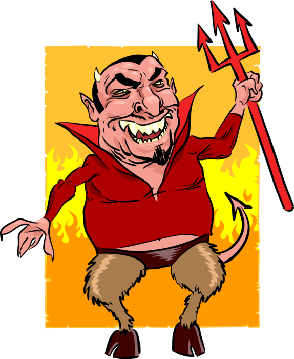 Vector Illustration of Satanic Supreme Spirit of Evil Prince of Darkness Devil in Fiery Hell with Pitchfork