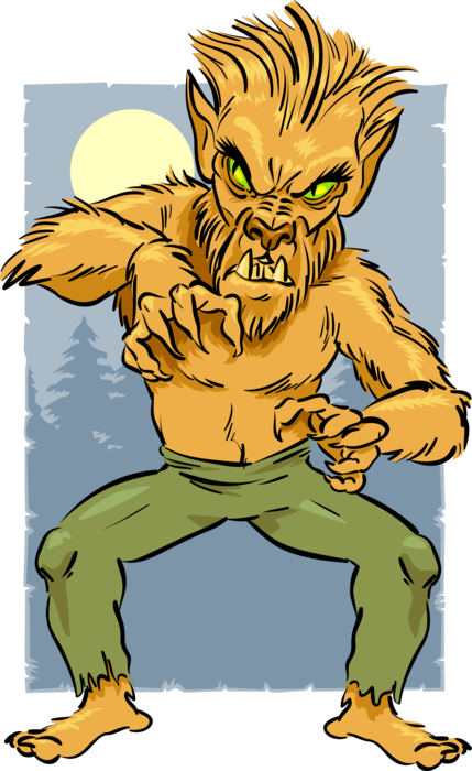 Vector Illustration of Werewolf Mythological Human Shapeshifts into Therianthropic Hybrid Wolf-Like Creature