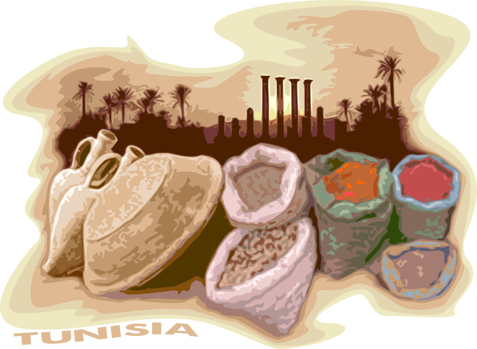 Vector Illustration of Tunisia Postcard Design with Dougga or Thugga Roman Ruins and Tunisian Spice Market