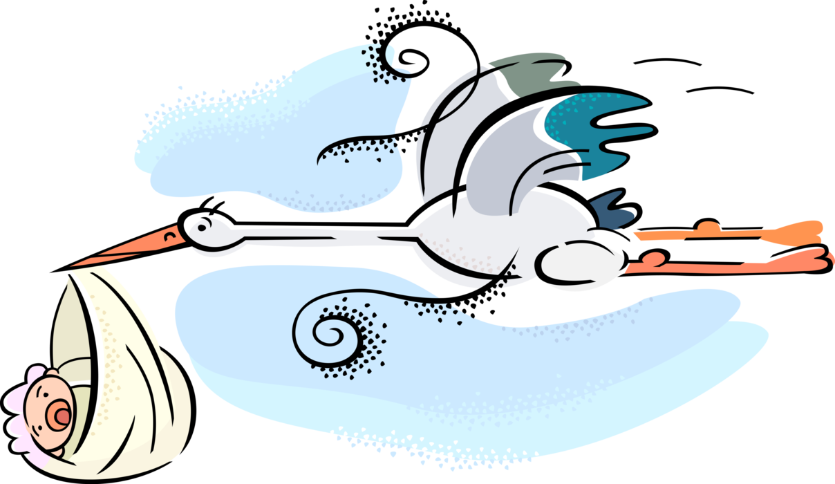 Vector Illustration of Stork Bird Carrying Newborn Infant Baby