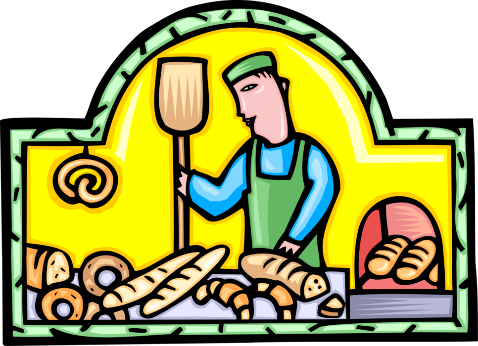 Vector Illustration of Baker Baking Bread in Commercial Retail Bakery