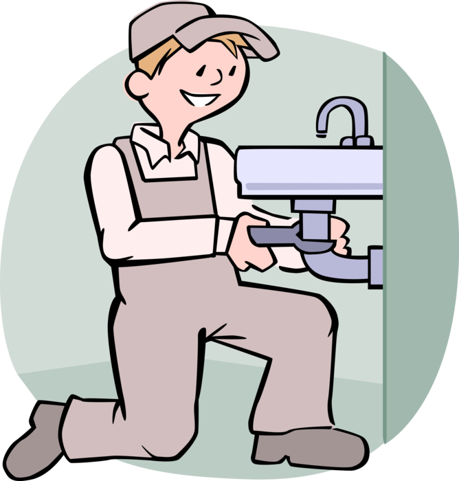 Vector Illustration of Plumber with Wrench Fixes Sink Drain Pipe