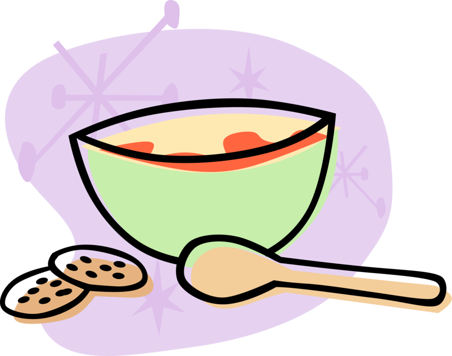 Vector Illustration of Cereal or Soup Bowl with Spoon and Cracker Biscuits