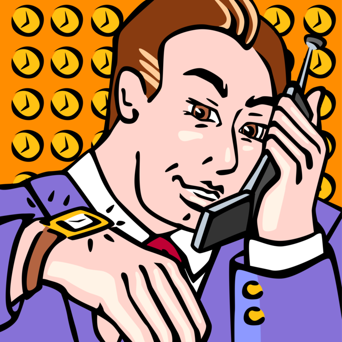 Vector Illustration of Businessman with Cellular Phone Checks Time on Wristwatch