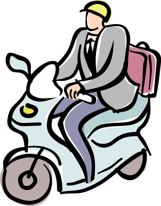Vector Illustration of Businessman Rides Motor Scooter Motorcycle with Step-Through Frame