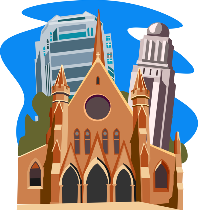Vector Illustration of Christian Church Cathedral House of Worship with Office Towers, London, United Kingdom, Great Britain