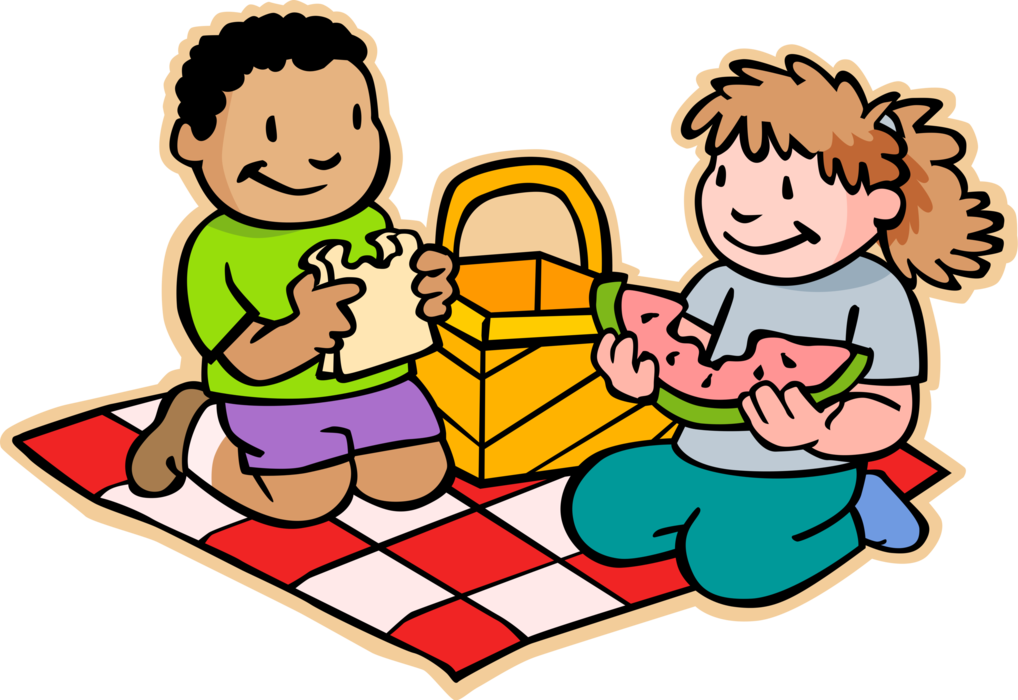 Vector Illustration of Primary or Elementary School Student Boy and Girl Have Picnic Lunch