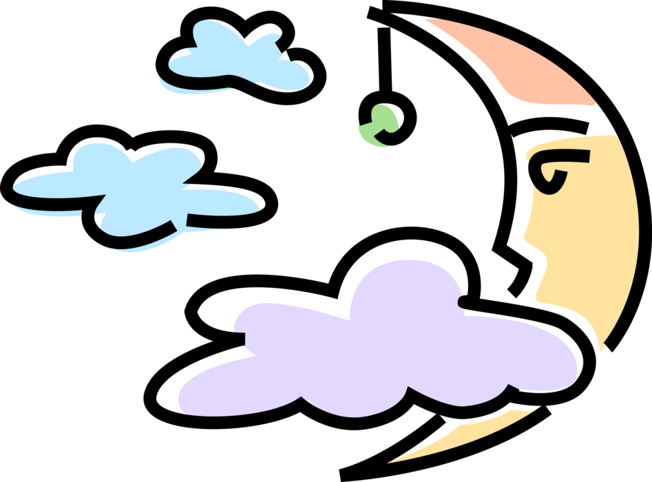 Vector Illustration of Anthropomorphic Moon and Clouds