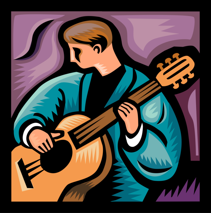 Vector Illustration of Musician Plays Flamenco Acoustic Guitar String Musical Instrument