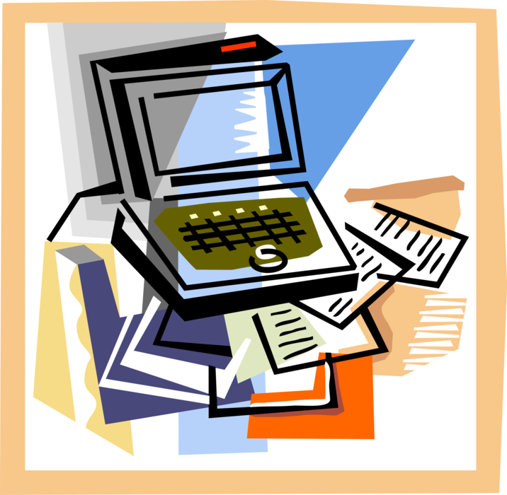 Vector Illustration of Office Equipment Laptop and Notebook Computer with Paper Documents
